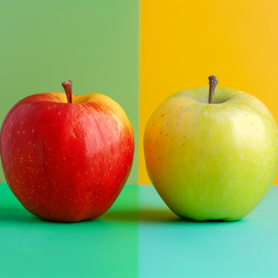 A red apple and a green apple against a split green and orange background.