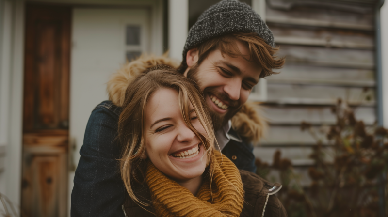 A joyful couple embracing and smiling with a man hugging a woman from behind, both wearing warm clothing and knit caps.