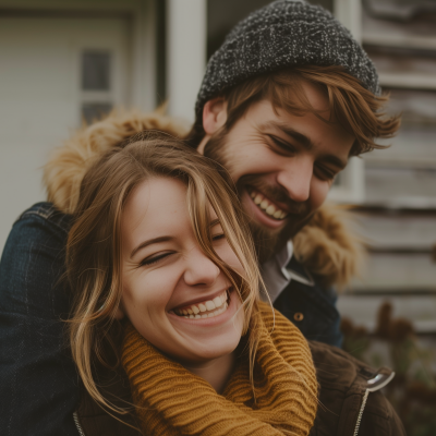 A joyful couple embracing and smiling with a man hugging a woman from behind, both wearing warm clothing and knit caps.