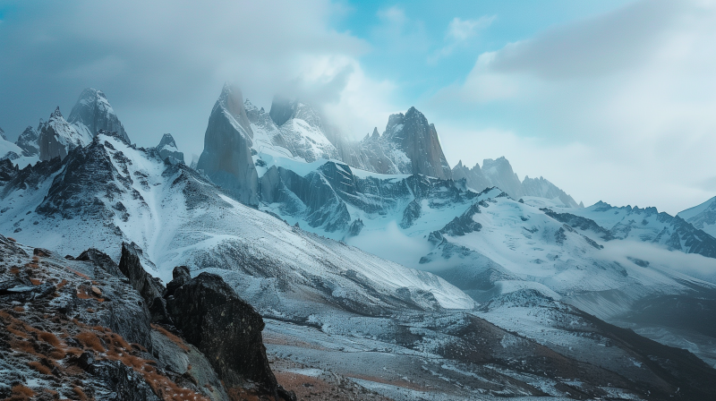 Majestic snow-covered mountain peaks with misty clouds hovering around the summits.