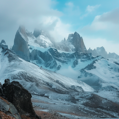 Majestic snow-covered mountain peaks with misty clouds hovering around the summits.