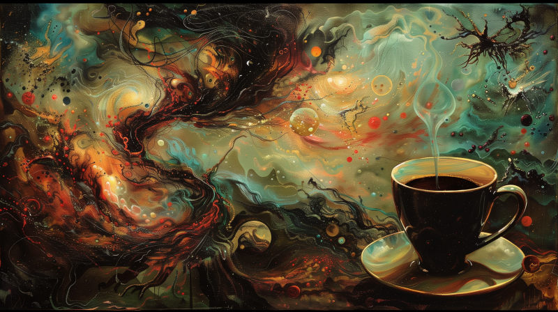 A vibrant and abstract painting featuring cosmic and fluid-like patterns with a realistic cup of coffee on the bottom right corner.