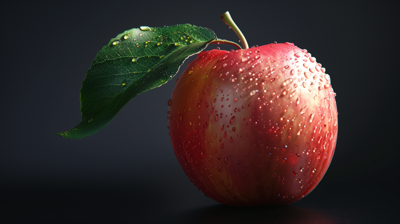 A fresh apple with droplets of water on its surface and a single leaf, set against a dark background.