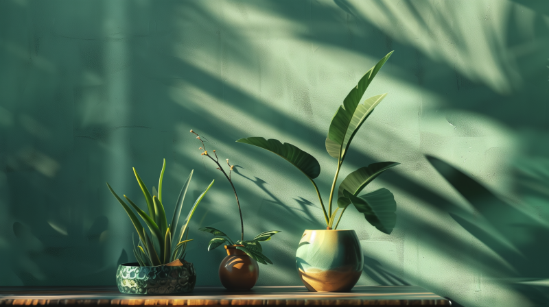 Three houseplants in decorative pots, sitting on a shelf and bathed in sunlight casting shadows on a green wall.