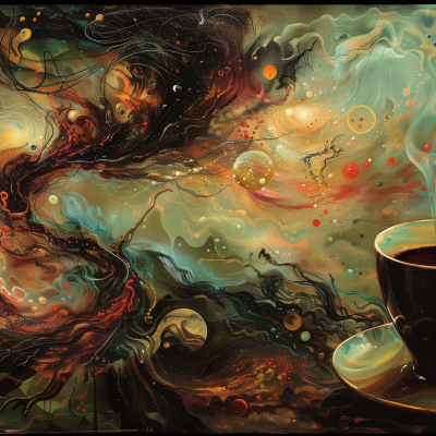 A vibrant and abstract painting featuring cosmic and fluid-like patterns with a realistic cup of coffee on the bottom right corner.