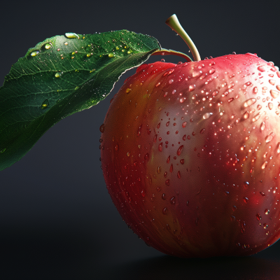 A fresh apple with droplets of water on its surface and a single leaf, set against a dark background.