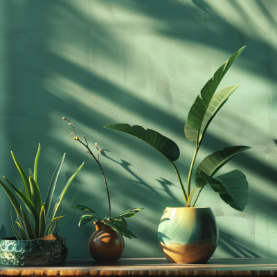 Three houseplants in decorative pots, sitting on a shelf and bathed in sunlight casting shadows on a green wall.