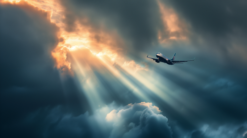 An airplane flying towards the sunlight streaming through the clouds, symbolizing travel and exploration.