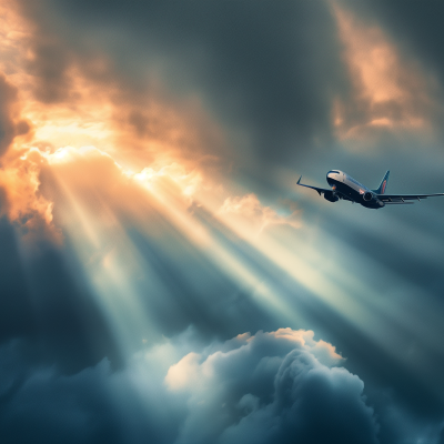 An airplane flying towards the sunlight streaming through the clouds, symbolizing travel and exploration.