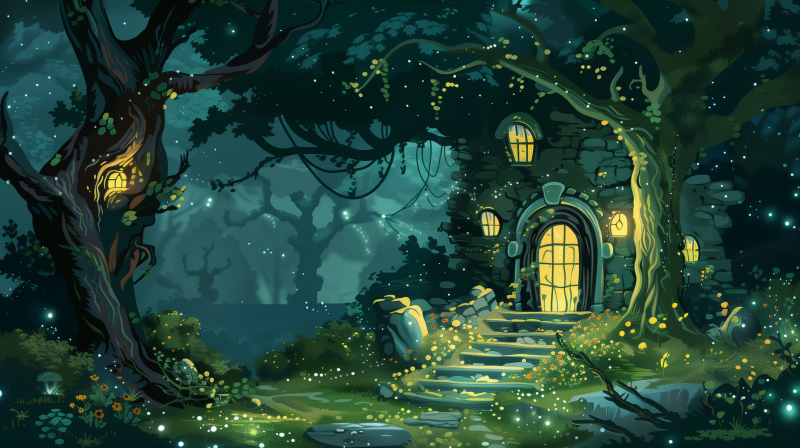 Illustration of an enchanting fantasy house nestled within a dense, magical forest, with glowing lights and a starry sky.