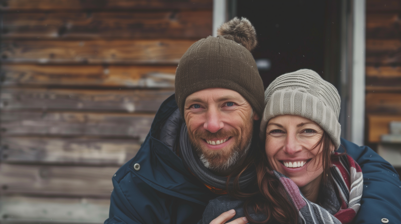 A happy couple wearing warm beanies and winter clothes, smiling closely together with a wooden background.