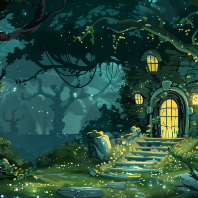 Illustration of an enchanting fantasy house nestled within a dense, magical forest, with glowing lights and a starry sky.