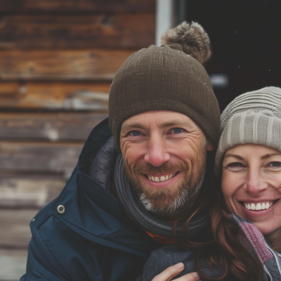 A happy couple wearing warm beanies and winter clothes, smiling closely together with a wooden background.