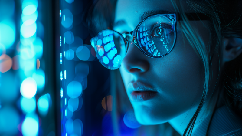 A close-up of a woman wearing glasses with reflections of blue lights on the lenses.