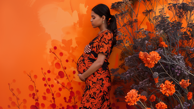 A pregnant woman in a patterned dress standing profile with her hands on her belly, against an orange artistic background with floral elements.