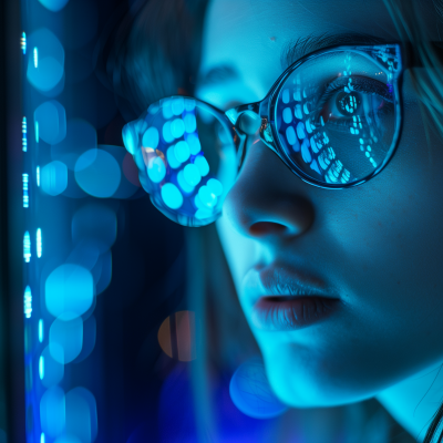 A close-up of a woman wearing glasses with reflections of blue lights on the lenses.