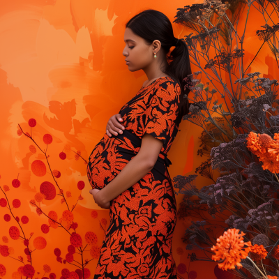 A pregnant woman in a patterned dress standing profile with her hands on her belly, against an orange artistic background with floral elements.