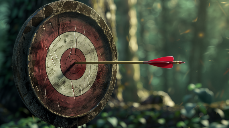 An arrow hitting the bullseye of a target in a forest setting.