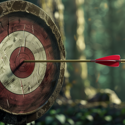 An arrow hitting the bullseye of a target in a forest setting.