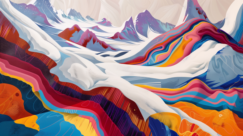 Artistic illustration of colorful, stylized mountain ranges with flowing lines and patterns.