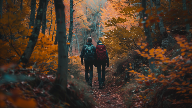 Two hikers with backpacks walking on a forest trail surrounded by autumn foliage.