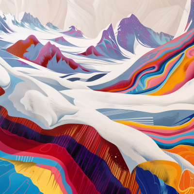 Artistic illustration of colorful, stylized mountain ranges with flowing lines and patterns.