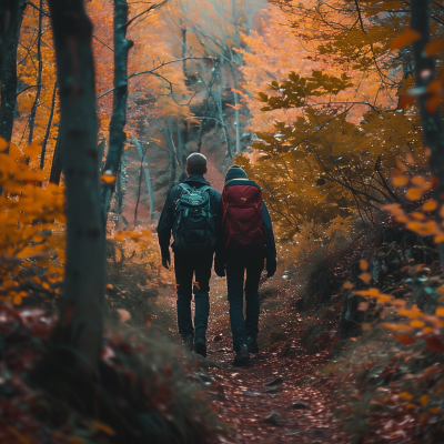 Two hikers with backpacks walking on a forest trail surrounded by autumn foliage.