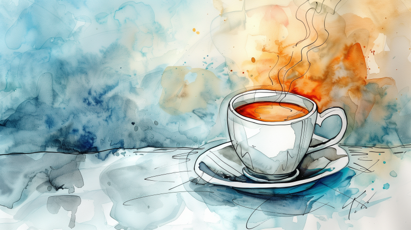 A watercolor illustration of a steaming cup of coffee on a saucer, set against an abstract blue and orange watercolor background.