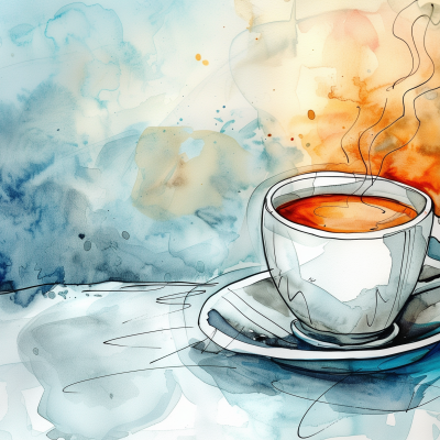 A watercolor illustration of a steaming cup of coffee on a saucer, set against an abstract blue and orange watercolor background.