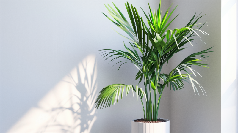 A lush green houseplant in a white pot casting a shadow on a light-colored wall.