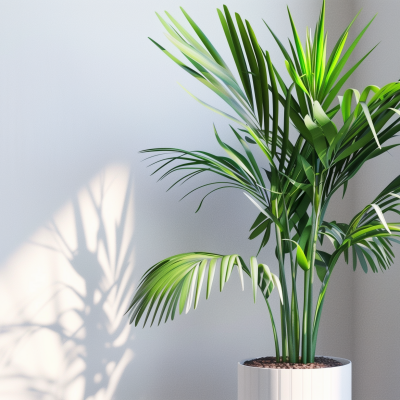 A lush green houseplant in a white pot casting a shadow on a light-colored wall.