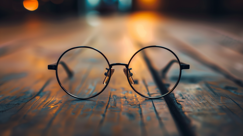 A pair of round-framed glasses resting on a textured surface with a blurred warm light background.