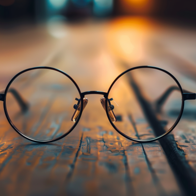 A pair of round-framed glasses resting on a textured surface with a blurred warm light background.