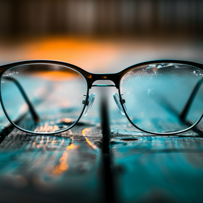 A close-up of eyeglasses with clear lenses on a wet surface, against a blurred background with orange and teal hues.