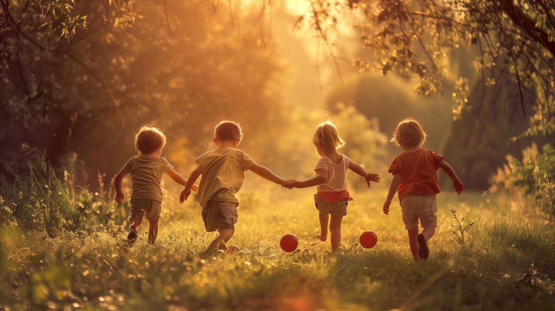 A group of children holding hands and playing, with two balls on the grass, backlit by a warm, glowing sunset.