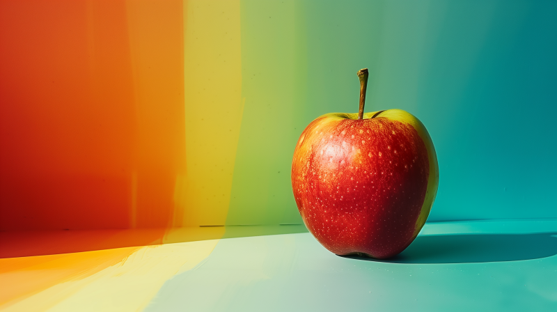 A ripe red apple on a surface with a vibrant multicolored background.