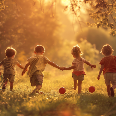 A group of children holding hands and playing, with two balls on the grass, backlit by a warm, glowing sunset.