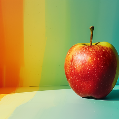 A ripe red apple on a surface with a vibrant multicolored background.