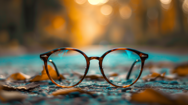 A pair of round-framed glasses resting on a surface with blurry golden light in the background.