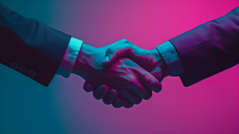 A close-up of a business handshake against a pink and blue gradient background.