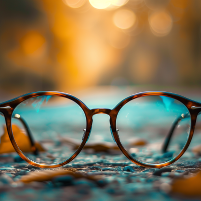 A pair of round-framed glasses resting on a surface with blurry golden light in the background.