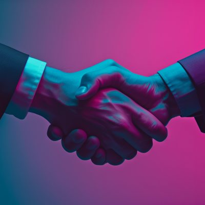 A close-up of a business handshake against a pink and blue gradient background.