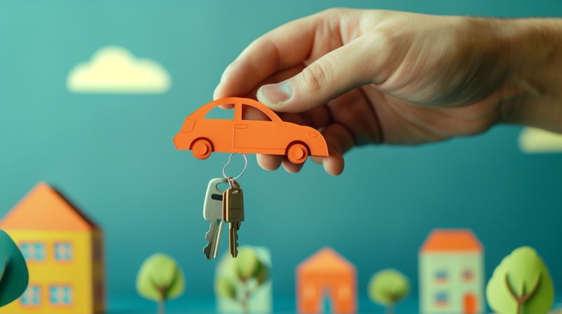 A hand holding a set of car keys with an orange car keychain, symbolizing the purchase of a new vehicle. The background features stylized trees and houses.