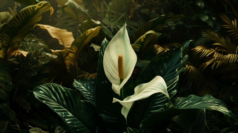 A peace lily houseplant with its characteristic white spathe and spadix, surrounded by dark green foliage.