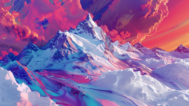 A stylized image of a snowy mountain peak with a vibrant, colorful sky in the background.