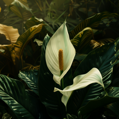 A peace lily houseplant with its characteristic white spathe and spadix, surrounded by dark green foliage.