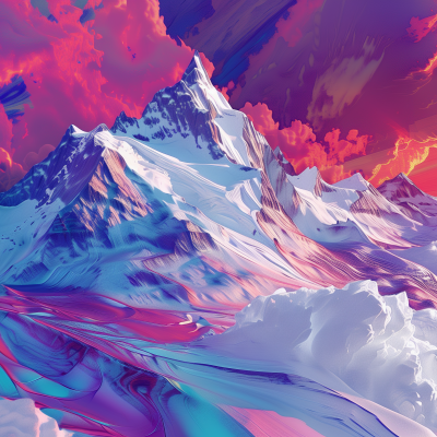 A stylized image of a snowy mountain peak with a vibrant, colorful sky in the background.