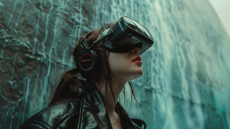 A woman wearing a virtual reality headset and headphones, looking upward with a background that suggests a digital or abstract environment.