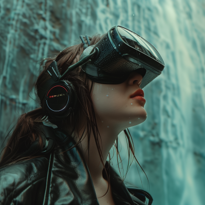 A woman wearing a virtual reality headset and headphones, looking upward with a background that suggests a digital or abstract environment.