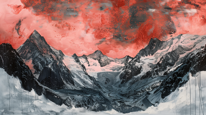 Artistic depiction of a rugged mountain range with a striking red sky overhead.